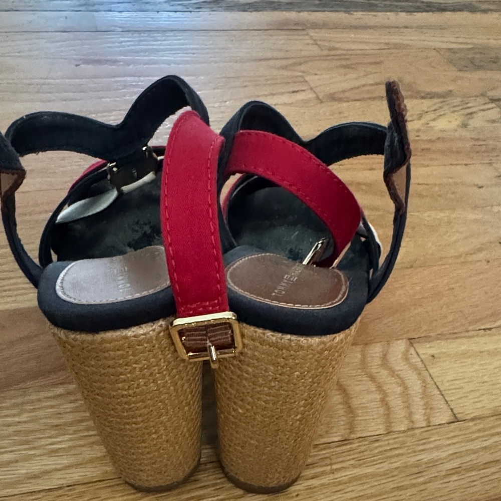 Tommy Hilfiger Black, Red, and White Wedge Sandals - Picture 2 of 3
